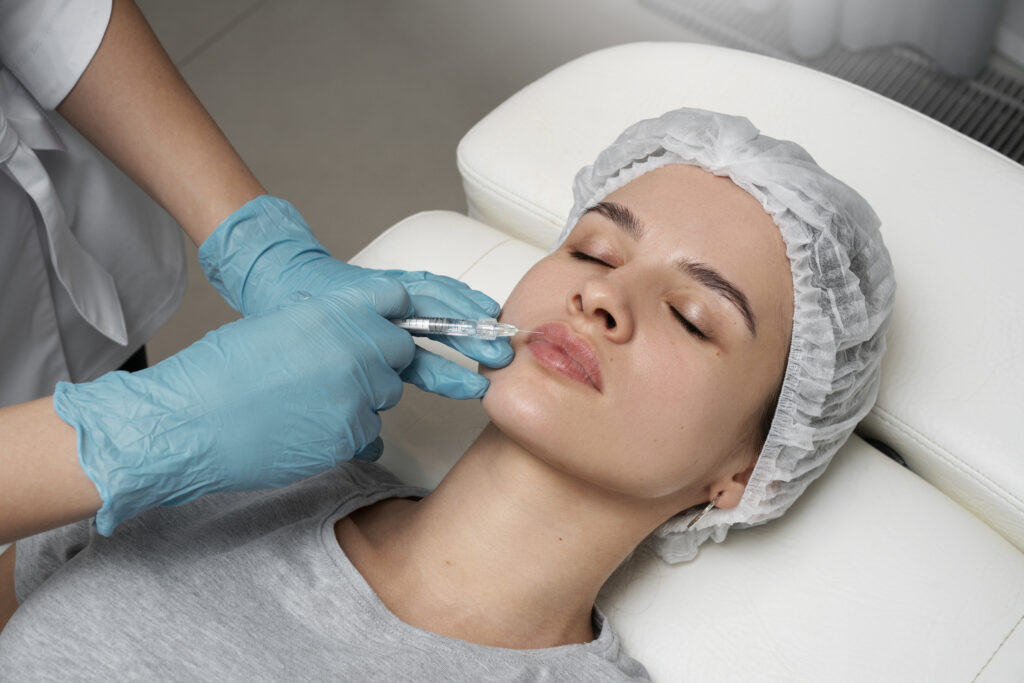 high angle woman getting lips injection